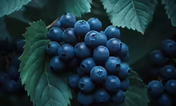 blue berries with green leaves on the tree