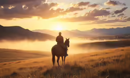 a man riding a horse across a foggy field