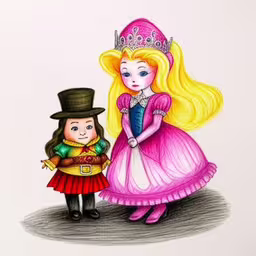 cartoon of girl in pink dress with top hat on and man dressed like a nutcracker,this is a drawing of a little boy and girl