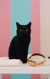 a black cat sitting next to a leather dog leash