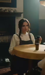 a woman with long hair sitting at a table