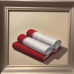 there are some rolled up red and white towels in the frame,painting of three red yoga mats and mat,a painting of red and white towels on a white surface,painting of three rolled red towels on a beige background,two rolled up red and white towels sitting in a painting