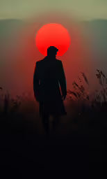 a man standing in the fog at sunrise