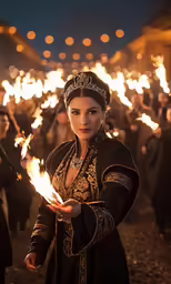 a woman dressed in medieval costume is holding a lit fire