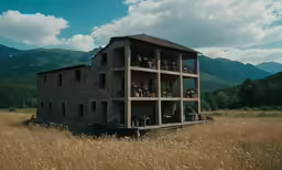 a large building is standing in an open field