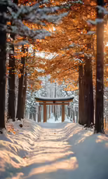 a gazebo nestled between snow covered trees