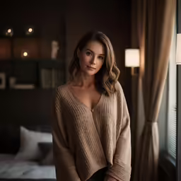 a woman with long hair in an oversize sweater