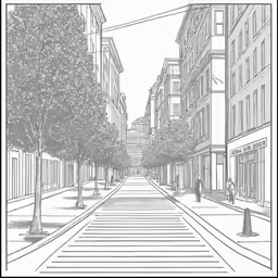the line drawing shows street view of a city street