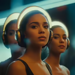 four women in headphones are standing together