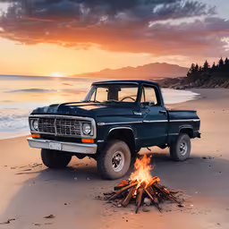 a vintage truck is parked on the beach with a campfire burning in the sand,there is a blue pick up truck sitting on the beach
