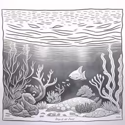 an underwater scene with fish and corals