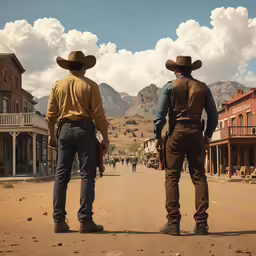two men in cowboy gear standing in the street