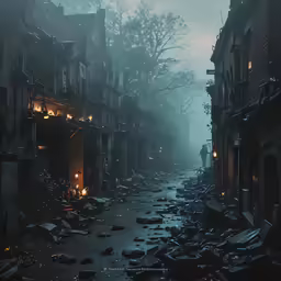 a person stands in a creepy alleyway surrounded by debris