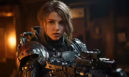 a woman dressed in armor holds a gun