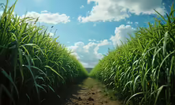a dirt road between tall grass with a blue sky