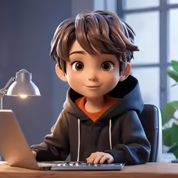 a boy in a black jacket is looking at a computer