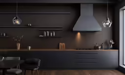 an kitchen area with cabinets, shelves, and table
