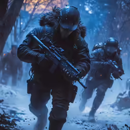 the soldiers are carrying their guns through the woods