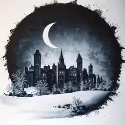 a snowy landscape with a sky moon and clouds
