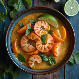 a bowl with soup on the side on a table