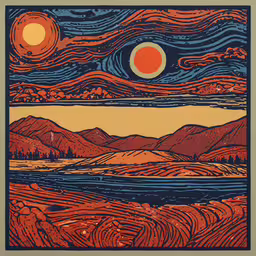 the painting shows mountains, trees and hills, with clouds above them,a painting with mountains and a sun