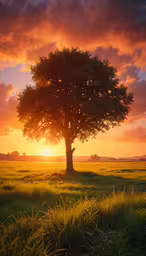 there is a very big tree that is in the middle of the field,a tree standing in the middle of a field