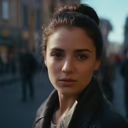 a woman with a very dark make - up looks into the camera