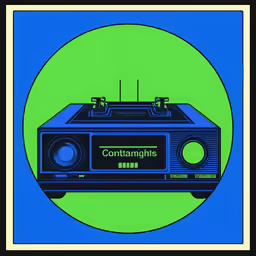the blue and green tv is inside a circular frame