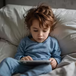 a young child using a laptop on a bed