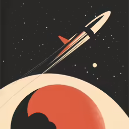a red white and blue poster with a rocket flying in the sky