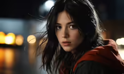 a woman wearing a red hoodie is standing on the sidewalk