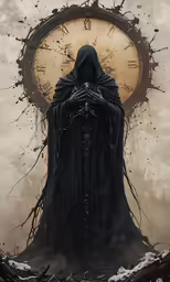 a person in cloak standing under an ornate clock