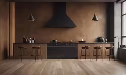 a modern kitchen with two counter tops and three stools