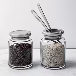 two jars with spoons inside one glass and another glass with a lid