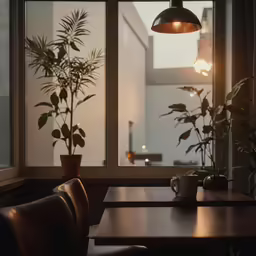 some plants are in a pot by the window