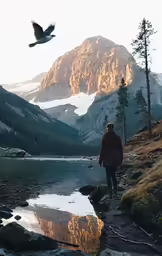 person standing next to the water with a bird in the air