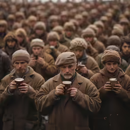 an older man standing in front of a large group of young men wearing brown coats
