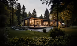 a very modern home in the woods by night