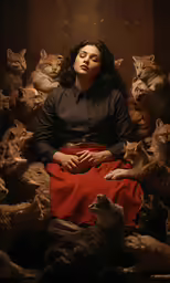 the woman sits in a large group of cats
