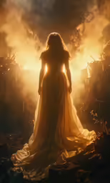 the woman in a yellow gown is surrounded by smoke