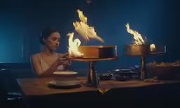 a woman sitting in front of an odd looking bowl on fire
