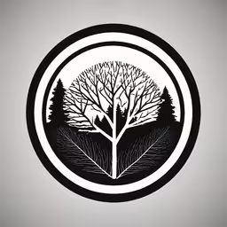 a black and white image of trees inside a circle,a black and white circle with trees