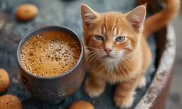 a kitten looks at the camera beside a cup of coffee