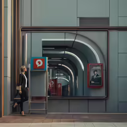 a woman standing next to a public transit stop