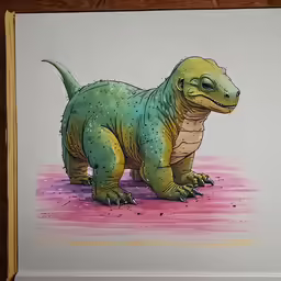 a drawing of a green dinosaur on paper