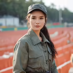 a girl in an army outfit posing in a baseball stadium
