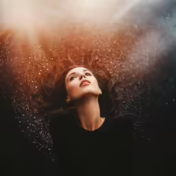 a woman is shown looking upwards in the air