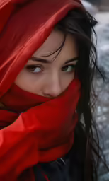a woman with a red scarf around her head looking ahead