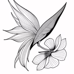 a black and white bird on a branch with leaves,the bird and the flower are drawn in pen on paper