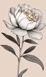 a white flower with lots of leaves,an engraving of a peony flower